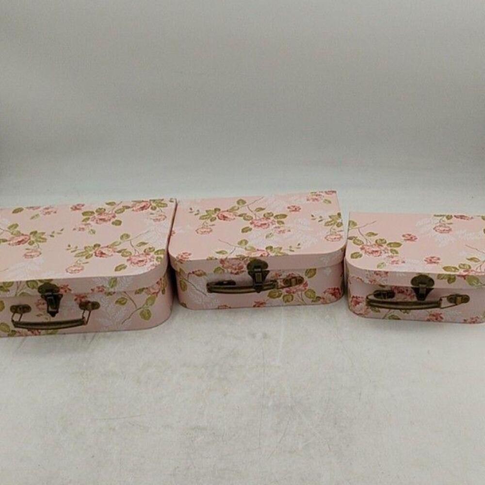 Pink Floral Nesting Storage Boxes Set of 3 Medium Shabby Chic Metal Latch Decor